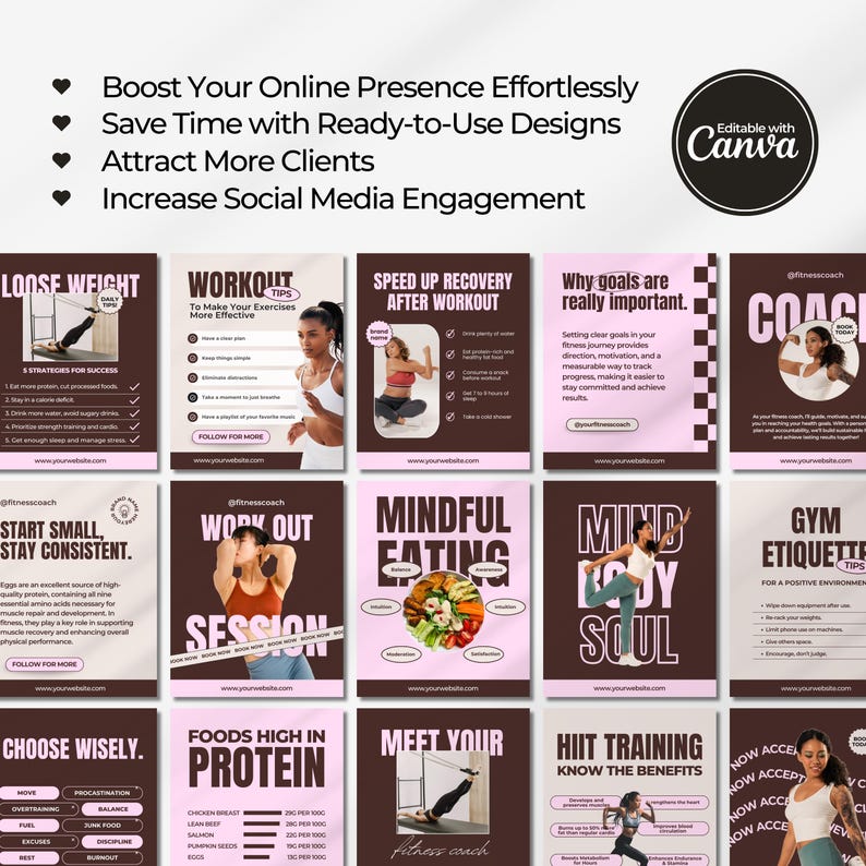 Editable fitness Instagram templates featuring nutrition tips, personal trainer posts, workout content, health coaching, and wellness designs for fitness coaches, trainers, and health professionals.