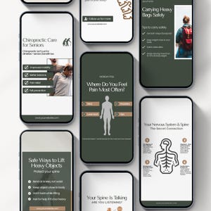 Editable chiropractic Instagram templates featuring chiropractor posts, clinic content, holistic health tips, chiropractic branding, educational carousels, and professional social media designs for chiropractic clinics and wellness practices.