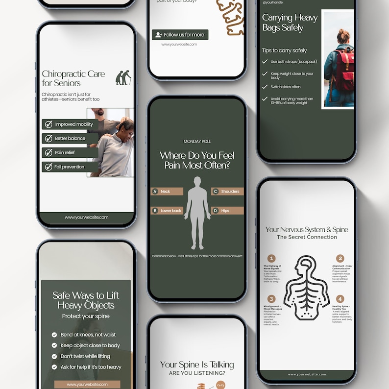 Editable chiropractic Instagram templates featuring chiropractor posts, clinic content, holistic health tips, chiropractic branding, educational carousels, and professional social media designs for chiropractic clinics and wellness practices.