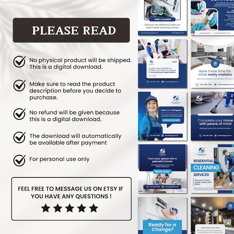 Puede incluir: Una descarga digital de gr&aacute;ficos de marketing en redes sociales para un servicio de limpieza. Los gr&aacute;ficos presentan im&aacute;genes de productos de limpieza, una persona de limpieza y texto que dice "Limpieza profunda", "Calidad y confianza", "Conoce nuestra empresa", "Ten m&aacute;s tiempo para lo que realmente importa", "Completa tu mudanza con tranquilidad", "Convierte tu espacio en un remanso de paz", "Servicios de limpieza residencial", "Consigue tu hogar s&uacute;per limpio y fresco", y "&iquest;Listo para un cambio?" Los gr&aacute;ficos tambi&eacute;n incluyen el texto "Por favor, lea" y una lista de t&eacute;rminos y condiciones para la descarga digital.