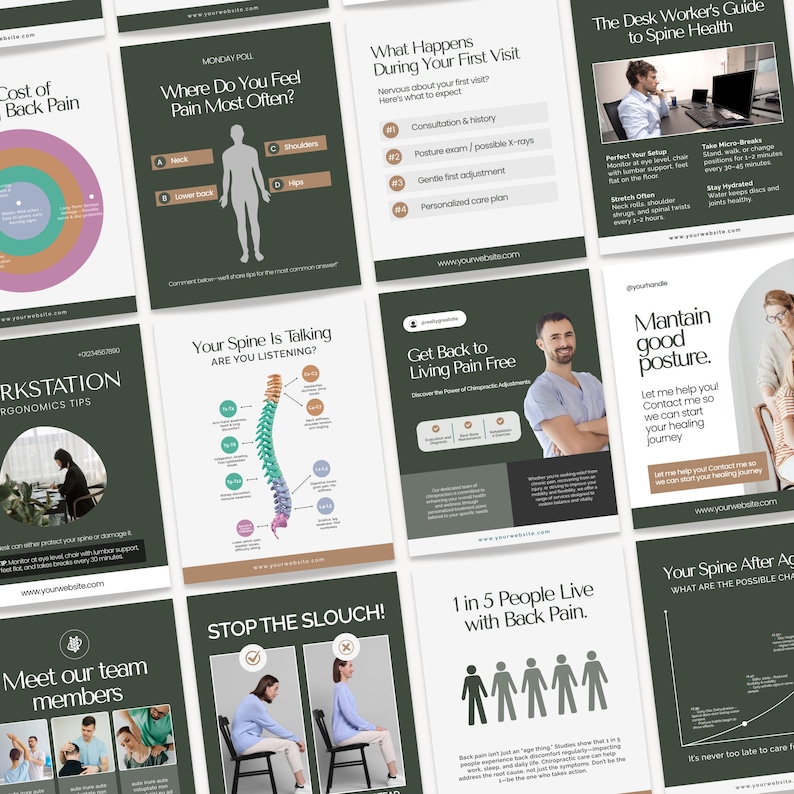 Editable chiropractic Instagram templates featuring chiropractor posts, clinic content, holistic health tips, chiropractic branding, educational carousels, and professional social media designs for chiropractic clinics and wellness practices.