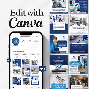 Editable cleaning business Instagram templates featuring residential and commercial cleaning service posts, house cleaning promotions, price lists, flyers, and professional social media designs for cleaning companies.