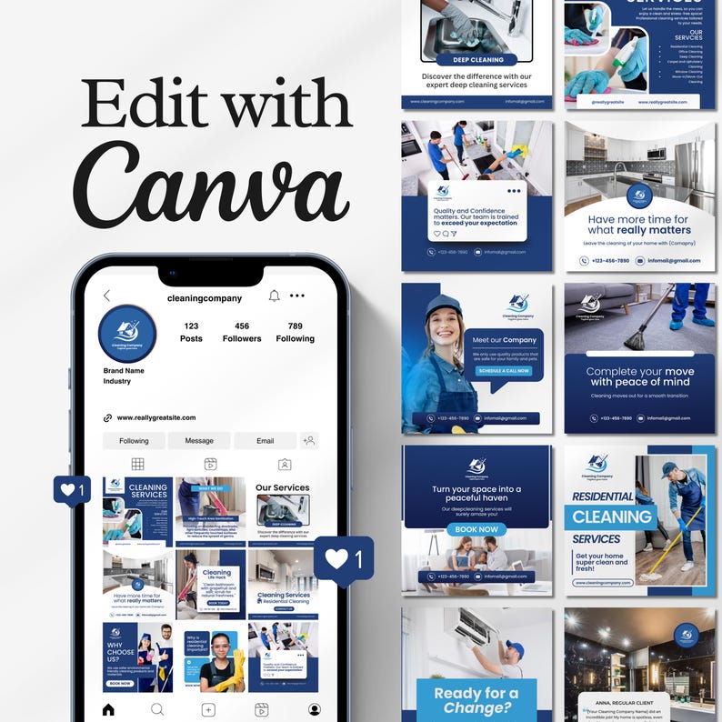 Editable cleaning business Instagram templates featuring residential and commercial cleaning service posts, house cleaning promotions, price lists, flyers, and professional social media designs for cleaning companies.