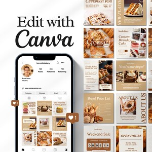 Editable bakery Instagram templates featuring cake posts, bakery menus, food photography, promotional carousels, Facebook and Instagram ads, and professional Canva designs for bakeries, cake shops, and food bloggers.