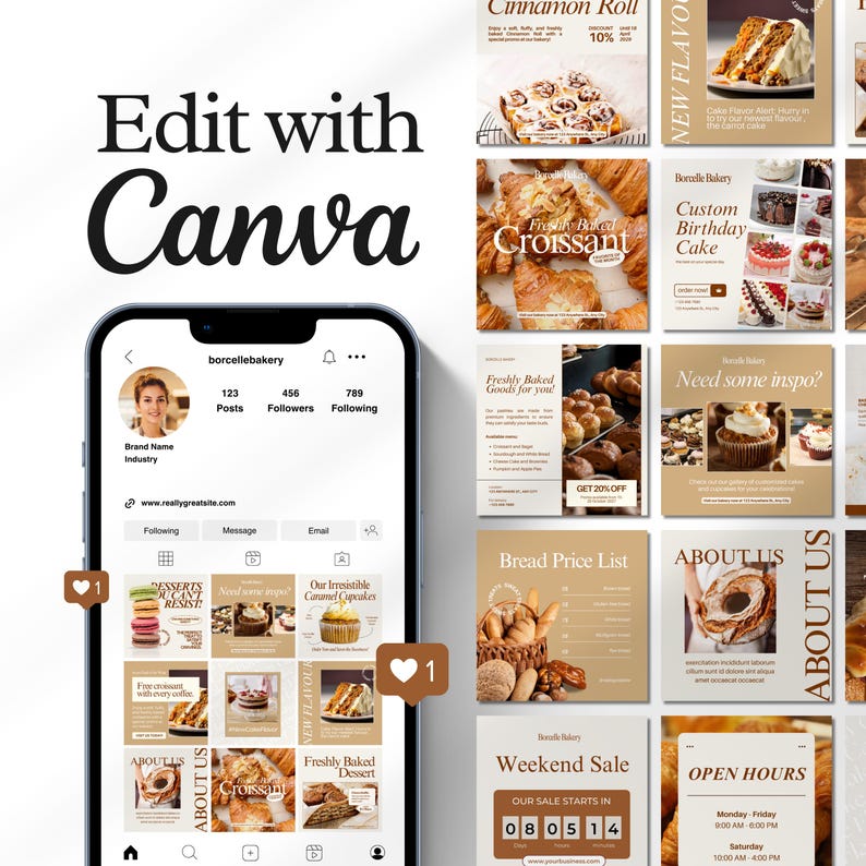 Editable bakery Instagram templates featuring cake posts, bakery menus, food photography, promotional carousels, Facebook and Instagram ads, and professional Canva designs for bakeries, cake shops, and food bloggers.