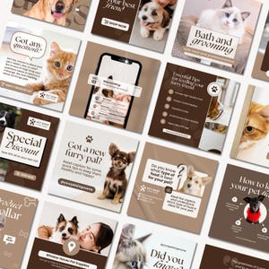 Puede incluir: Una colección de publicaciones en redes sociales para una tienda de mascotas. Las publicaciones presentan imágenes de perros y gatos, y ofrecen consejos sobre el cuidado de las mascotas, el aseo y la alimentación. Las publicaciones también incluyen texto como "¿Tienes alguna pregunta?", "Descuento especial", "¿Tienes un nuevo amigo peludo?", "¿Sabes qué tipo de comida es la mejor para tu mascota?", "Baño y aseo", "Consejos esenciales para alimentar a tu amigo peludo", "Cómo mantener a tu mascota feliz", "¿Sabías?", y "La grandeza de una mascota".
