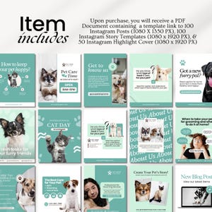 Editable pet care Instagram templates for veterinarians, pet shops, grooming businesses, and dog walkers, featuring cat and pet posts, UGC content, Canva designs, and dog walking templates.