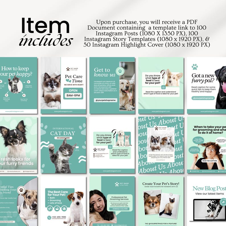 Editable pet care Instagram templates for veterinarians, pet shops, grooming businesses, and dog walkers, featuring cat and pet posts, UGC content, Canva designs, and dog walking templates.
