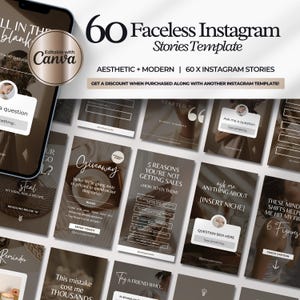 May include: A collection of 60 Instagram story templates in a modern aesthetic. The templates feature a neutral brown color scheme with white text and graphics. The templates include various prompts for engagement, such as "Ask me a question", "Giveaway", and "Tag a friend who..."