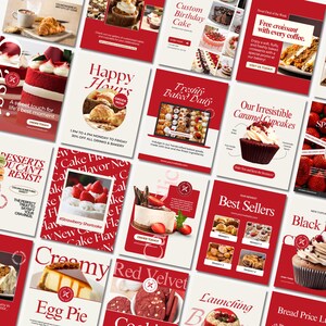 Editable bakery Instagram templates featuring cake posts, bakery menus, food photography layouts, promotional carousels, and social media ads for bakeries, cake shops, and food bloggers.