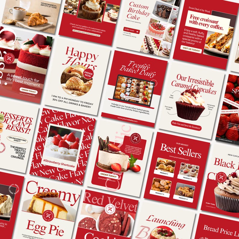 Editable bakery Instagram templates featuring cake posts, bakery menus, food photography layouts, promotional carousels, and social media ads for bakeries, cake shops, and food bloggers.