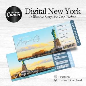 Boleto de regalo sorpresa para Nueva York, tarjeta de embarque para Nueva York, viaje sorpresa a Nueva York, boleto personalizado para Nueva York, boleto de vacaciones para Nueva York, plantilla Canva