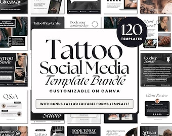May include: A collection of 120 customizable social media templates for tattoo studios. The templates are designed for use on Canva and include editable forms. The image features a variety of designs, including a tattoo studio logo, a tattoo artist working on a client, and a variety of text-based templates.