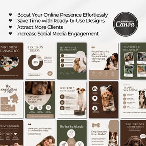 Modern dog Instagram templates featuring pet infographics, dog training tips, grooming and walking content, aesthetic posts, pet Facebook graphics, and UGC designs for pet shops, trainers, groomers, and dog walkers.