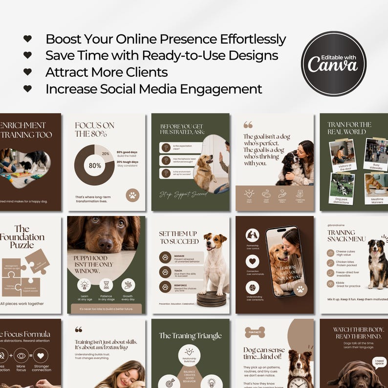 Modern dog Instagram templates featuring pet infographics, dog training tips, grooming and walking content, aesthetic posts, pet Facebook graphics, and UGC designs for pet shops, trainers, groomers, and dog walkers.