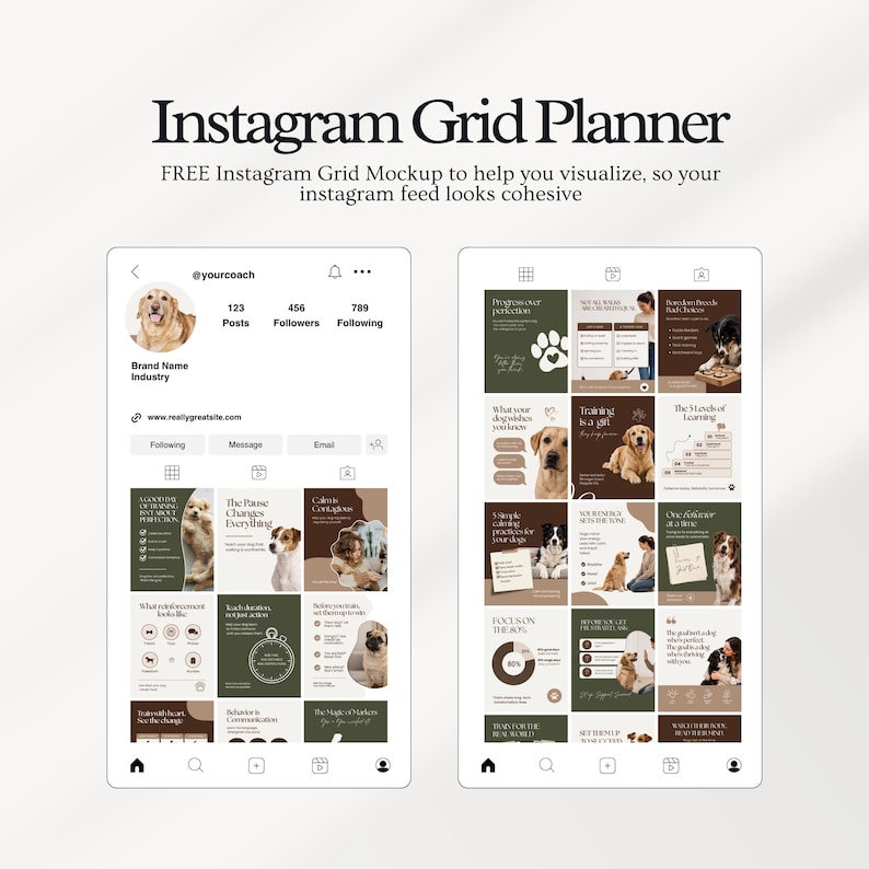 Modern dog Instagram templates featuring pet infographics, dog training tips, grooming and walking content, aesthetic posts, pet Facebook graphics, and UGC designs for pet shops, trainers, groomers, and dog walkers.