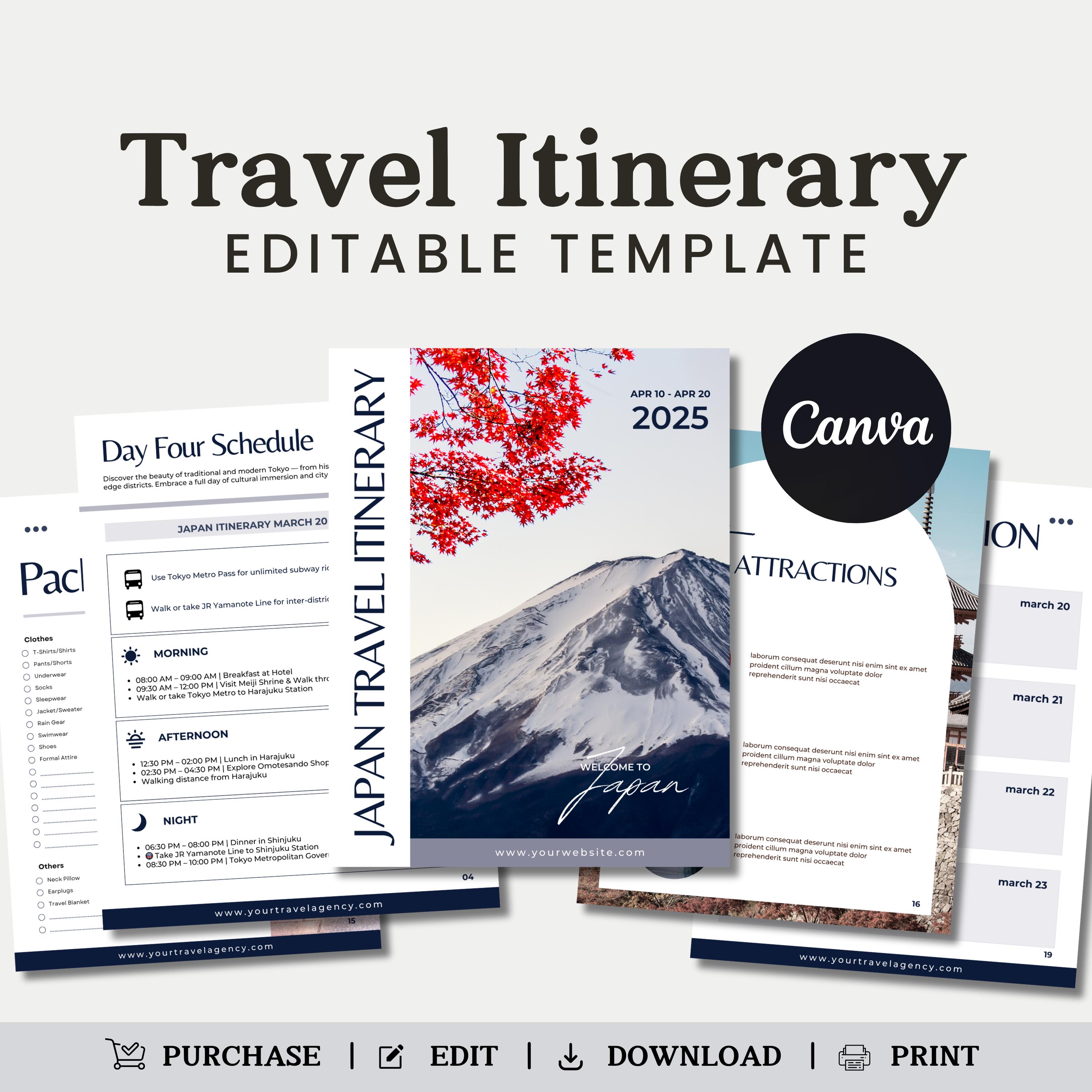 Editable Travel Itinerary Template | Trip Itinerary | Printable Travel Guide | Travel Agent Planner | Honeymoon Vacation Planner | Itinerary