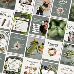 May include: A collage of green and white Instagram posts with text about health and wellness. The text includes "Foods High in Protein", "Nutrient-Dense Foods for a Healthier You", "Consistency Beats Perfection Every Time", "Vitamin C Rich Fruits", "Wellness is a Journey, Not a Destination", "Building a Balanced Plate", "Daily Nutrition Essentials", "Top Sources of Zinc", "A Healthy Mind Starts with a Healthy Body", "Hydrate, Nourish, Move, and Thrive", and "Benefits of Leafy Greens".