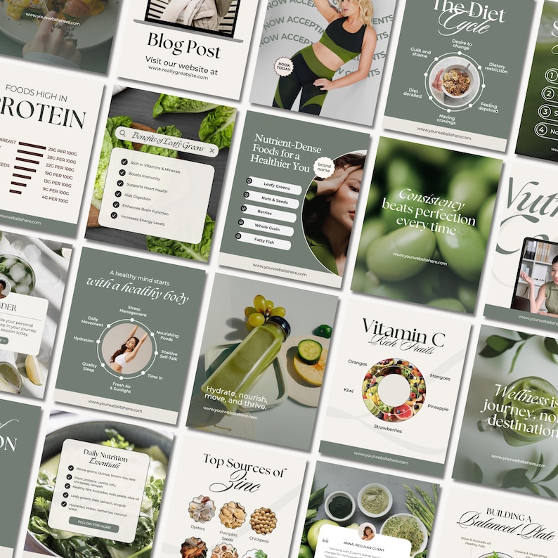 May include: A collage of green and white Instagram posts with text about health and wellness. The text includes "Foods High in Protein", "Nutrient-Dense Foods for a Healthier You", "Consistency Beats Perfection Every Time", "Vitamin C Rich Fruits", "Wellness is a Journey, Not a Destination", "Building a Balanced Plate", "Daily Nutrition Essentials", "Top Sources of Zinc", "A Healthy Mind Starts with a Healthy Body", "Hydrate, Nourish, Move, and Thrive", and "Benefits of Leafy Greens".