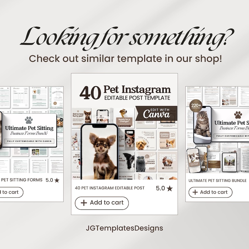 K&ouml;nnte beinhalten: Werbebild f&uuml;r Vorlagen zum Thema Haustiere. Das Bild zeigt ein Telefon mit einem Hundebild, umgeben von anderen Vorlagen zum Thema Haustiere. Der Text enth&auml;lt "40 Pet Instagram Editable Post" und "Ultimate Pet Sitting Bundle".