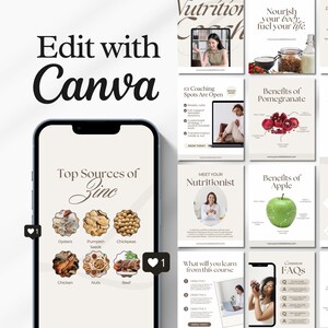 May include: A smartphone screen displays a graphic about zinc sources, including oysters, pumpkin seeds, and chickpeas. The image also features Canva branding and other nutrition-related graphics, such as pomegranate and apple benefits.