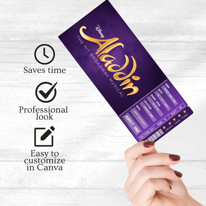 Editable Aladdin Musical Theatre Ticket, Personalized Gift Reveal ...