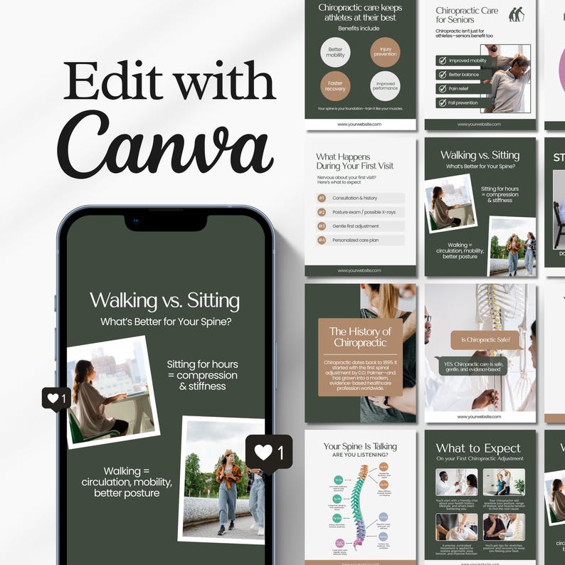 Editable chiropractic Instagram templates featuring chiropractor posts, clinic content, holistic health tips, chiropractic branding, educational carousels, and professional social media designs for chiropractic clinics and wellness practices.
