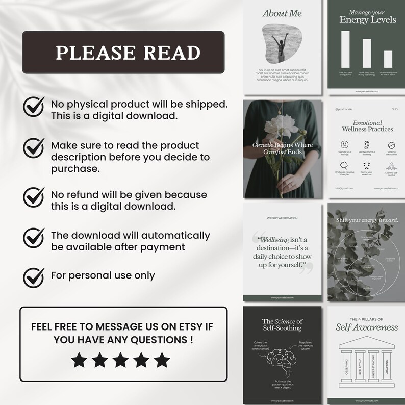 K&ouml;nnte beinhalten: Ein digitales Download-Produkt mit verschiedenen Informationsgrafiken. Das Design integriert Text und Bilder zu Themen wie Energielevel, emotionales Wohlbefinden und Selbstberuhigung. Die Grafik oben links lautet "PLEASE READ".