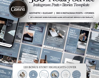 May include: A digital marketing template for notary services, featuring a smartphone mockup and various Instagram post designs. The template includes the text "300 Notary Service Instagram Posts + Stories Template" and is editable with Canva.