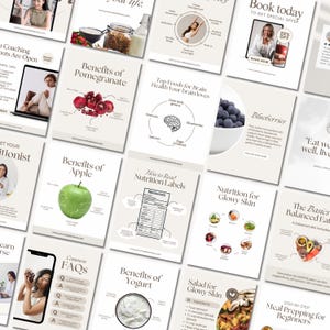 May include: A collection of informational cards with various health and wellness topics. The cards feature titles like "Benefits of Pomegranate," "Top Foods for Brain Health," and "Nutrition for Glowy Skin." Each card has a clean, minimalist design with images and text.