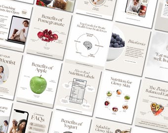 May include: A collection of informational cards with various health and wellness topics. The cards feature titles like "Benefits of Pomegranate," "Top Foods for Brain Health," and "Nutrition for Glowy Skin." Each card has a clean, minimalist design with images and text.