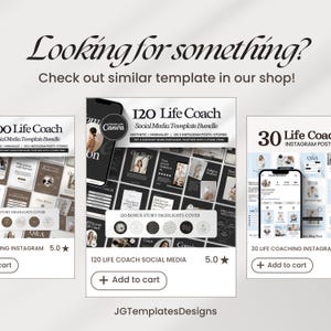 May include: Digital product mockups for social media templates. The image shows three mockups of phone screens with templates for Instagram posts and stories. The text includes "120 Life Coach Social Media Template Bundle" and "30 Life Coaching Instagram Posts".