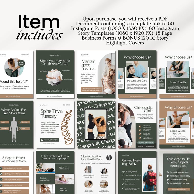 Editable chiropractic Instagram templates featuring chiropractor posts, clinic content, holistic health tips, chiropractic branding, educational carousels, and professional social media designs for chiropractic clinics and wellness practices.