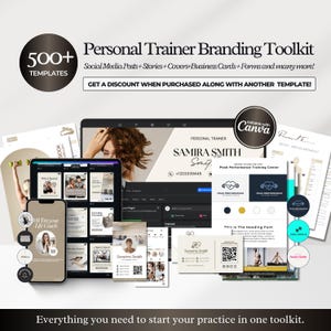 Könnte beinhalten: Ein digitales Toolkit für Personal Trainer mit über 500 Vorlagen für Social-Media-Posts, Visitenkarten und mehr. Das Design umfasst ein Tablet, ein Telefon und verschiedene Branding-Materialien. Der Text lautet "Personal Trainer Branding Toolkit."