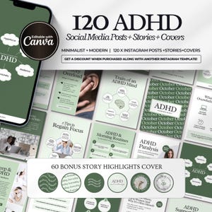 Op de afbeelding: Een digitale productmockup met een smartphone en een verzameling Instagram-sjablonen. De sjablonen zijn ontworpen in een minimalistische stijl en richten zich op ADHD-bewustzijn, inclusief berichten, verhalen en cover-highlights. Het kleurenschema is voornamelijk groen en wit.