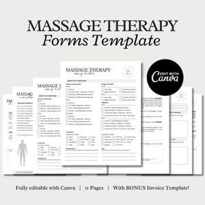 May include: A black and white printable template for massage therapy forms. The template includes sections for objective symptoms, posture assessment, range of motion, and treatment plan. The text "Massage Therapy Soap Notes" is at the top of the page. The text "Edit with Canva" is in a circle at the top right corner of the page.
