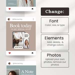 May include: A social media post with the text "Book today" and "To get special offer". The post includes a phone with a 20% off offer. Additional options include changing the font, elements, and photos.