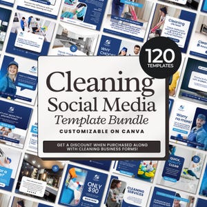 May include: A collage of 120 customizable social media templates for cleaning businesses. The templates feature a blue and white color scheme with images of cleaning supplies and text that says "Cleaning Social Media Template Bundle" and "Customizable on Canva".