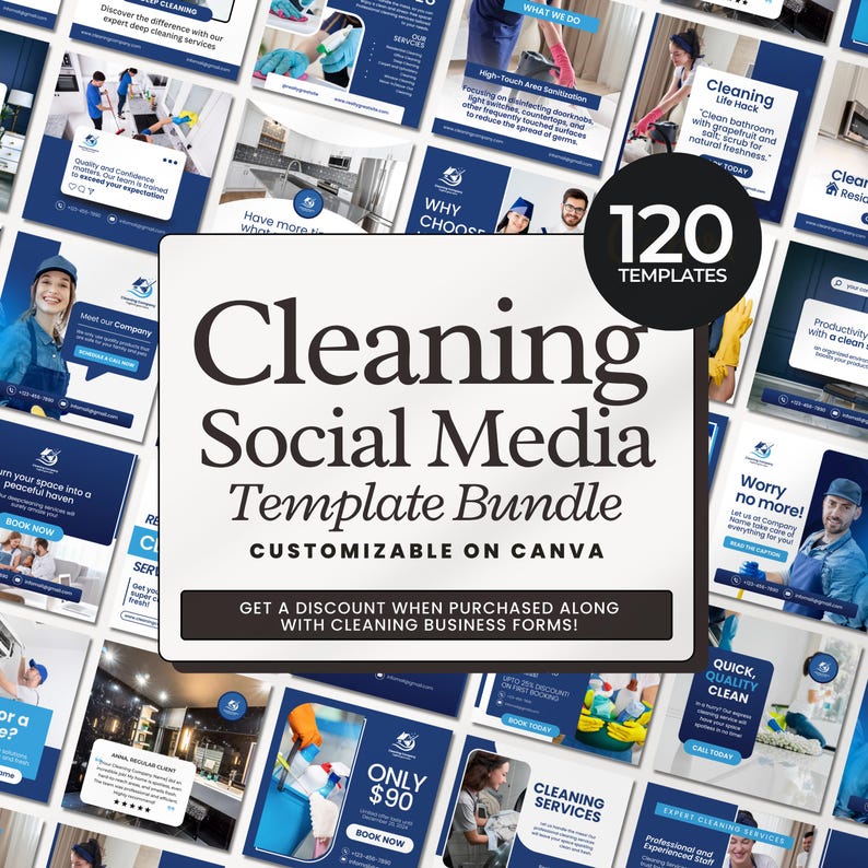 Editable cleaning business Instagram templates featuring residential and commercial cleaning service posts, house cleaning promotions, price lists, flyers, and professional social media designs for cleaning companies.
