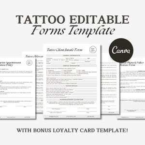 Lot de formulaires pour tatoueurs - Modifiables, formulaire de consentement pour le tatouage, formulaire de candidature pour le tatouage, formulaires commerciaux pour le tatoueur, document de consentement pour le tatouage.