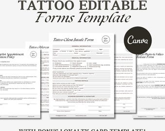 Paquete de formularios para artistas del tatuaje: editable, formulario de consentimiento para tatuajes, formulario de admisión para tatuajes, formularios comerciales para artistas del tatuaje, documento de consentimiento para tatuajes.