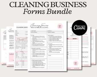 May include: A collection of cleaning business forms, featuring the text "CLEANING BUSINESS Forms Bundle". The forms are designed in pink and white, with sections for client details, service specifics, and checklists. Fully editable with Canva.