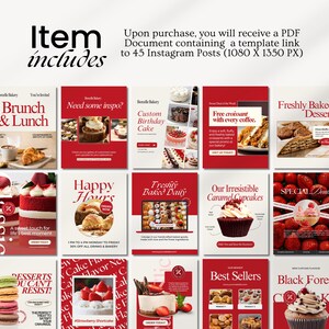 Editable bakery Instagram templates featuring cake posts, bakery menus, food photography layouts, promotional carousels, and social media ads for bakeries, cake shops, and food bloggers.