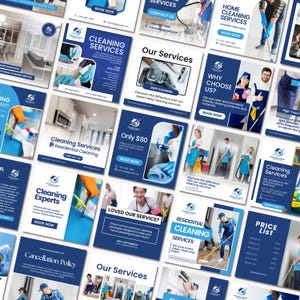 Peut inclure: Une collection de publications sur les médias sociaux pour une entreprise de services de nettoyage. Les publications présentent des images de produits de nettoyage, de professionnels du nettoyage et du texte sur les services de l'entreprise. Le texte comprend des expressions telles que "Services de nettoyage", "Nettoyage en profondeur", "Pourquoi nous choisir ?", "Vous avez aimé notre service ?", "Nettoyage résidentiel", "Experts en nettoyage", "Politique d'annulation", "Nos services", "Liste de prix" et "Réserver maintenant".