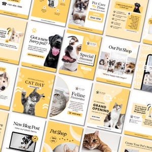 May include: A collection of social media posts for a pet shop, featuring images of dogs and cats. The posts have a yellow and white color scheme and promote services like grooming, discounts, and blog updates. Text includes "Pet Shop" and "International Cat Day."