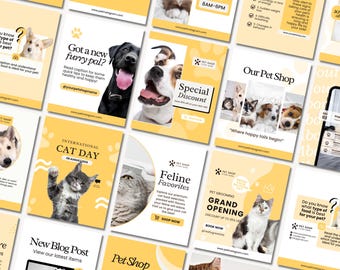 May include: A series of social media posts for a pet shop, featuring dogs and cats. The posts use a yellow and white colour scheme and promote services like grooming, discounts, and blog updates. Text includes "Pet Shop" and "International Cat Day."