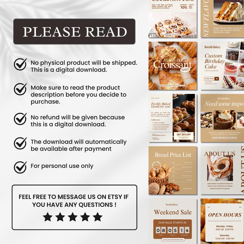 K&ouml;nnte beinhalten: Ein digitaler Download f&uuml;r B&auml;ckerei-Social-Media-Grafiken. Die Grafiken zeigen eine Auswahl an Backwaren, darunter Croissants, Brot und Kuchen. Die Grafiken sind in einem modernen, minimalistischen Stil mit einer neutralen Farbpalette gestaltet. Der Text auf den Grafiken lautet "Frisch gebackene Waren f&uuml;r Sie!" und "Erhalten Sie 20 % Rabatt".