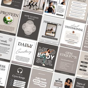 Puede incluir: Un collage de publicaciones de redes sociales con consejos y sugerencias para la forma física, la salud y el bienestar. Las publicaciones presentan superposiciones de texto, imágenes de personas haciendo ejercicio y citas motivacionales. Algunos de los temas que se tratan incluyen proteínas, constancia, mente-cuerpo-alma, etiqueta del gimnasio y señales de crecimiento.