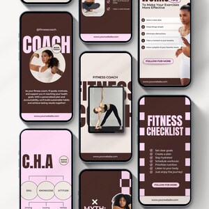 Editable fitness Instagram templates featuring nutrition tips, personal trainer posts, workout content, health coaching, and wellness designs for fitness coaches, trainers, and health professionals.