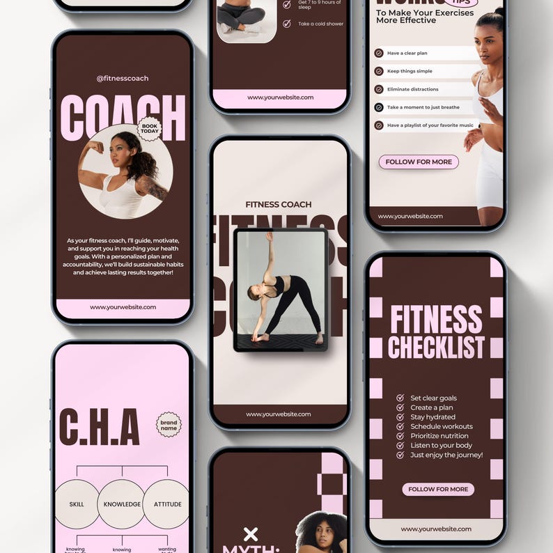 Editable fitness Instagram templates featuring nutrition tips, personal trainer posts, workout content, health coaching, and wellness designs for fitness coaches, trainers, and health professionals.